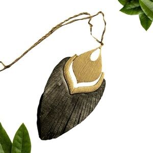 Black Boho Leather Fringe Leaf Pendant Necklace w Gold Findings